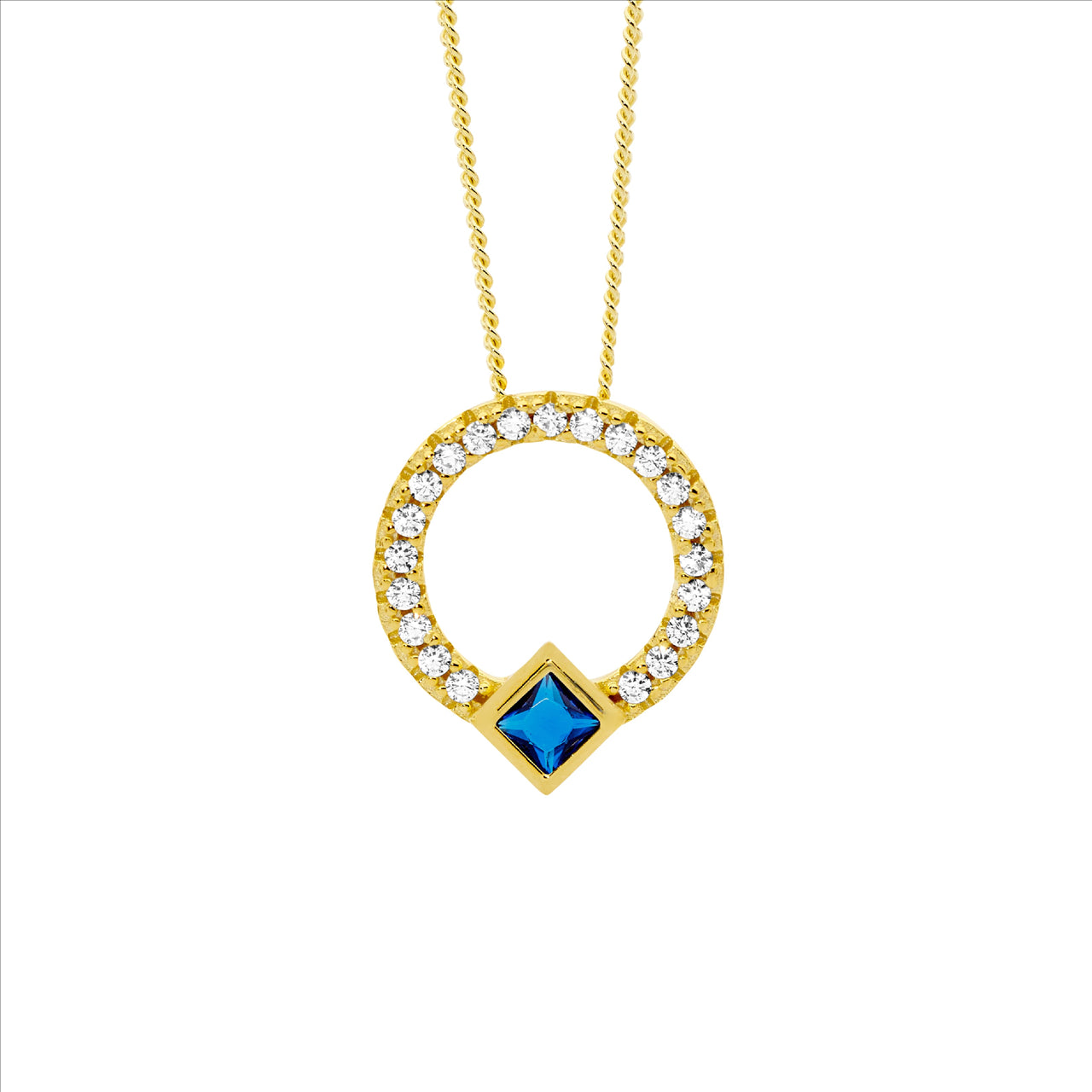 Ellani Sterling Siver & Cubic Zirconia Gold Plated Open Circle Pendant With Dark Blue Centre Stone