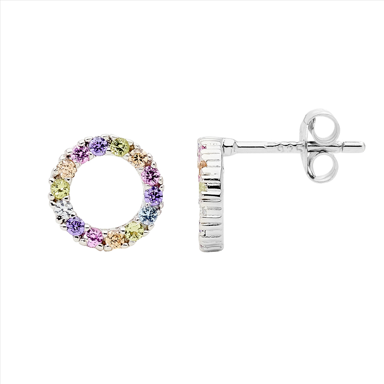 Ellani Sterling Silver & Pastel Multicolour Cubic Zirconia Open Circle Stud Earrings