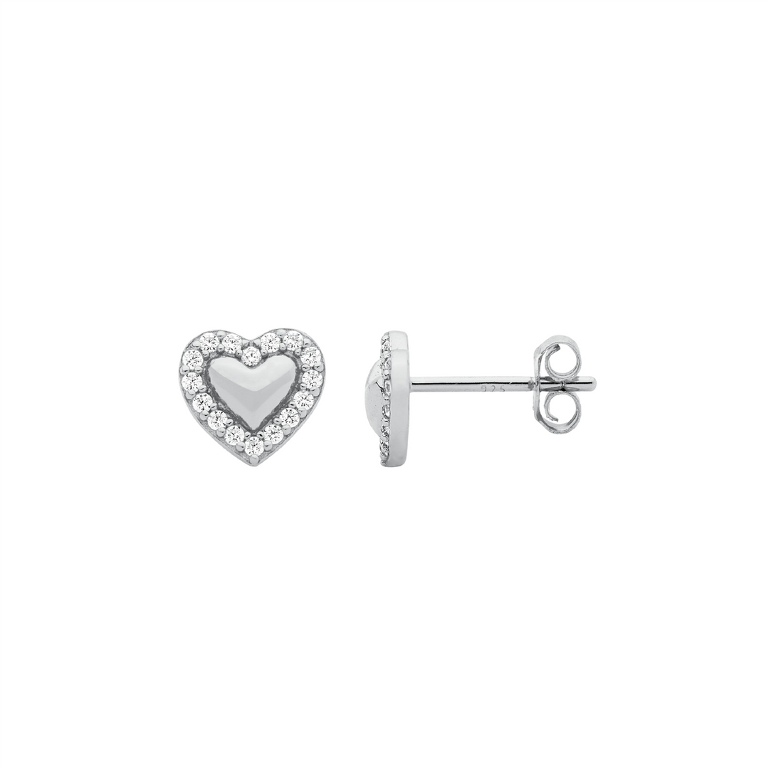 Sterling Silver Cubic Zirconia Heart Stud Earrings-