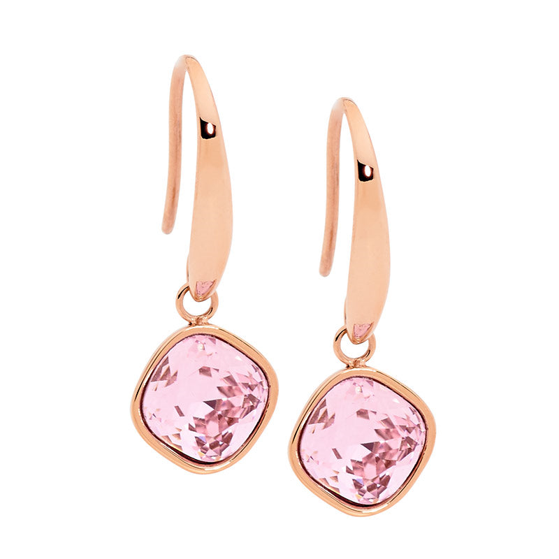 Ellani Stainless Steel Rose Gold Plated Square Pink Shepherd Hook Earrings