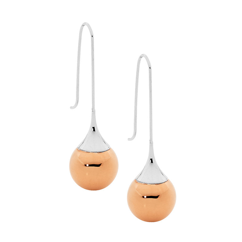 Ellani Stainless Steel IP Rose Gold Plated Two Toned Drop Ball Earrings