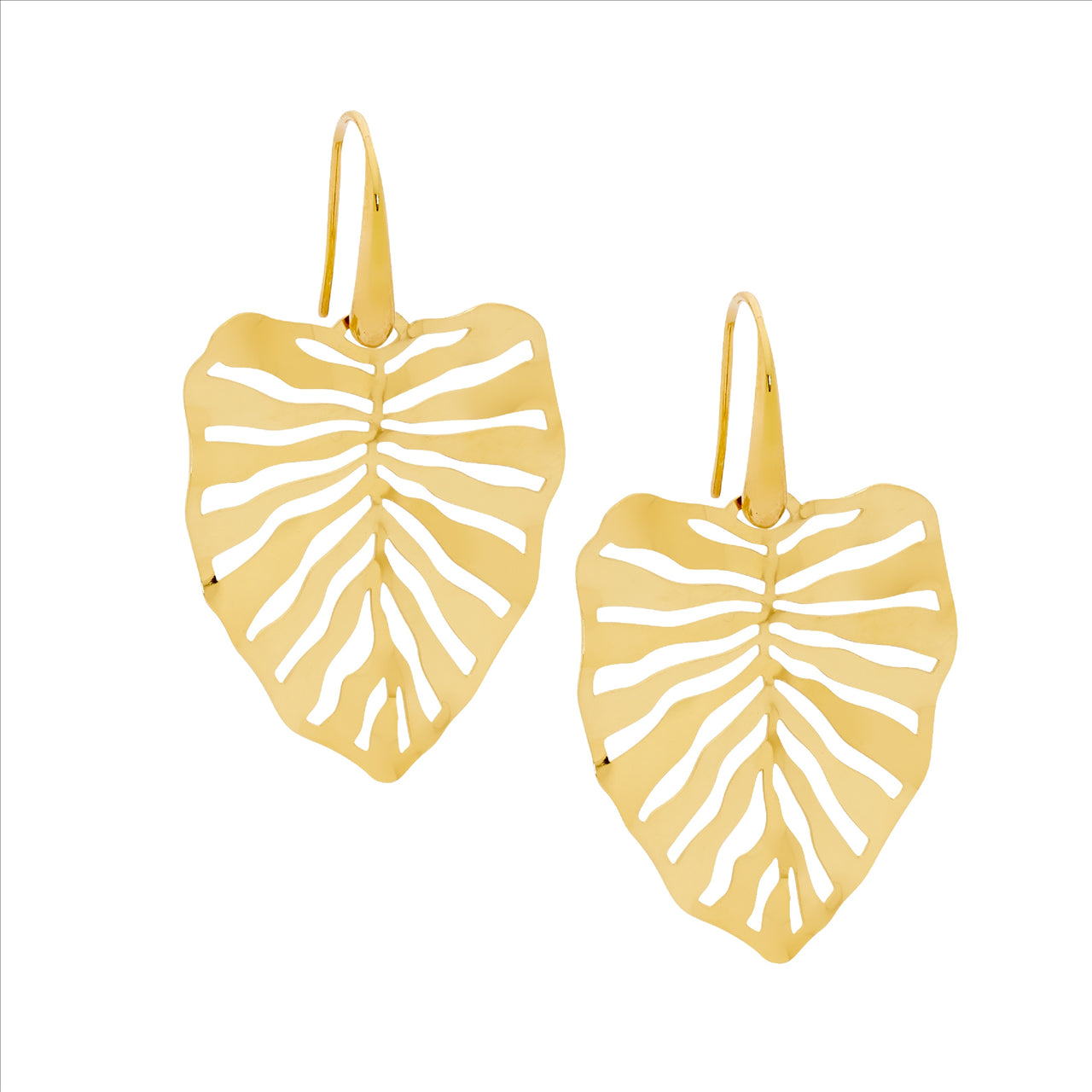 Ellani Stainless Steel Yellow Gold Plated Monstera Leaf Shepherd Hook Earrings