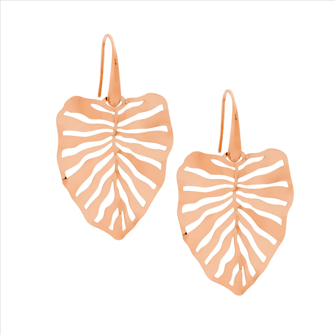 Ellani Stainless Steel Rose Gold Plated Monstera Leaf Shepherd Hook Earrings