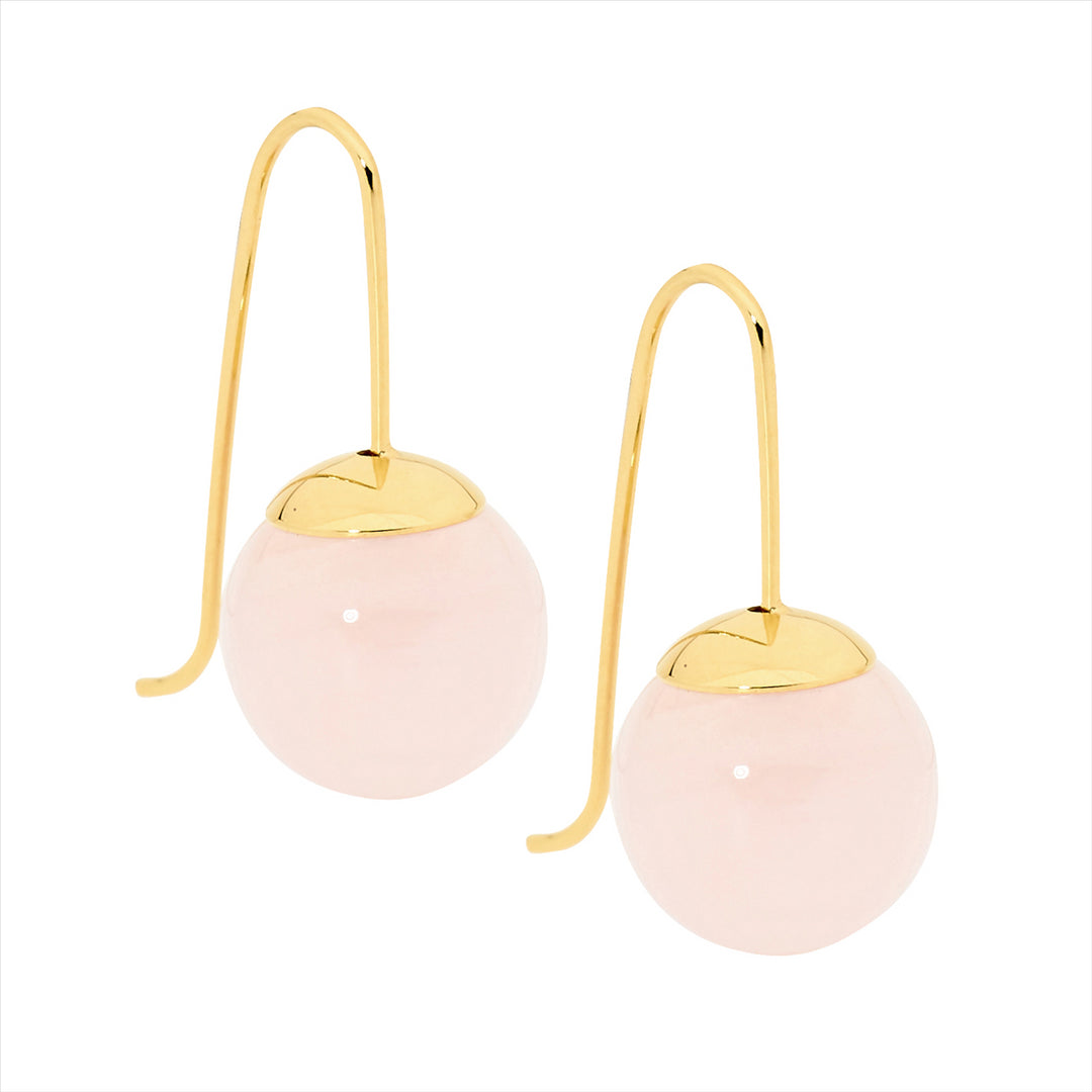 Stainless Steel Yellow Gold Plated Rose Quartz Shepherd Hook Earrings