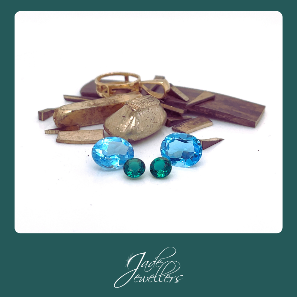 Custom Made 9ct Yellow Gold Blue Topaz & Syn Emerald Earrings