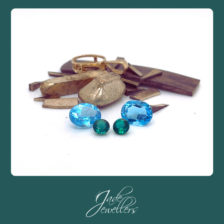 Custom Made 9ct Yellow Gold Blue Topaz & Syn Emerald Earrings