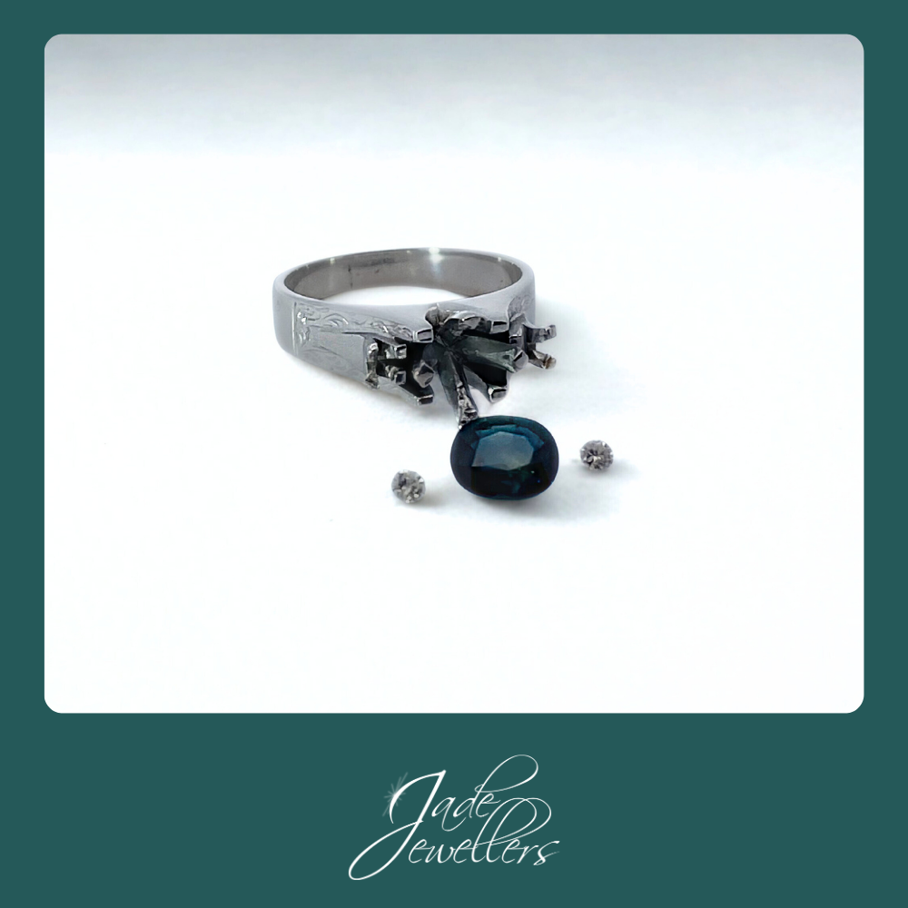 Custom Made 9ct White Gold Sapphire & Diamond Gents Ring