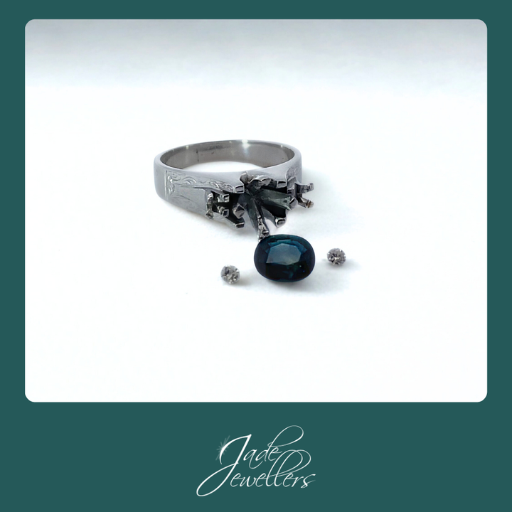 Custom Made 9ct White Gold Sapphire & Diamond Gents Ring