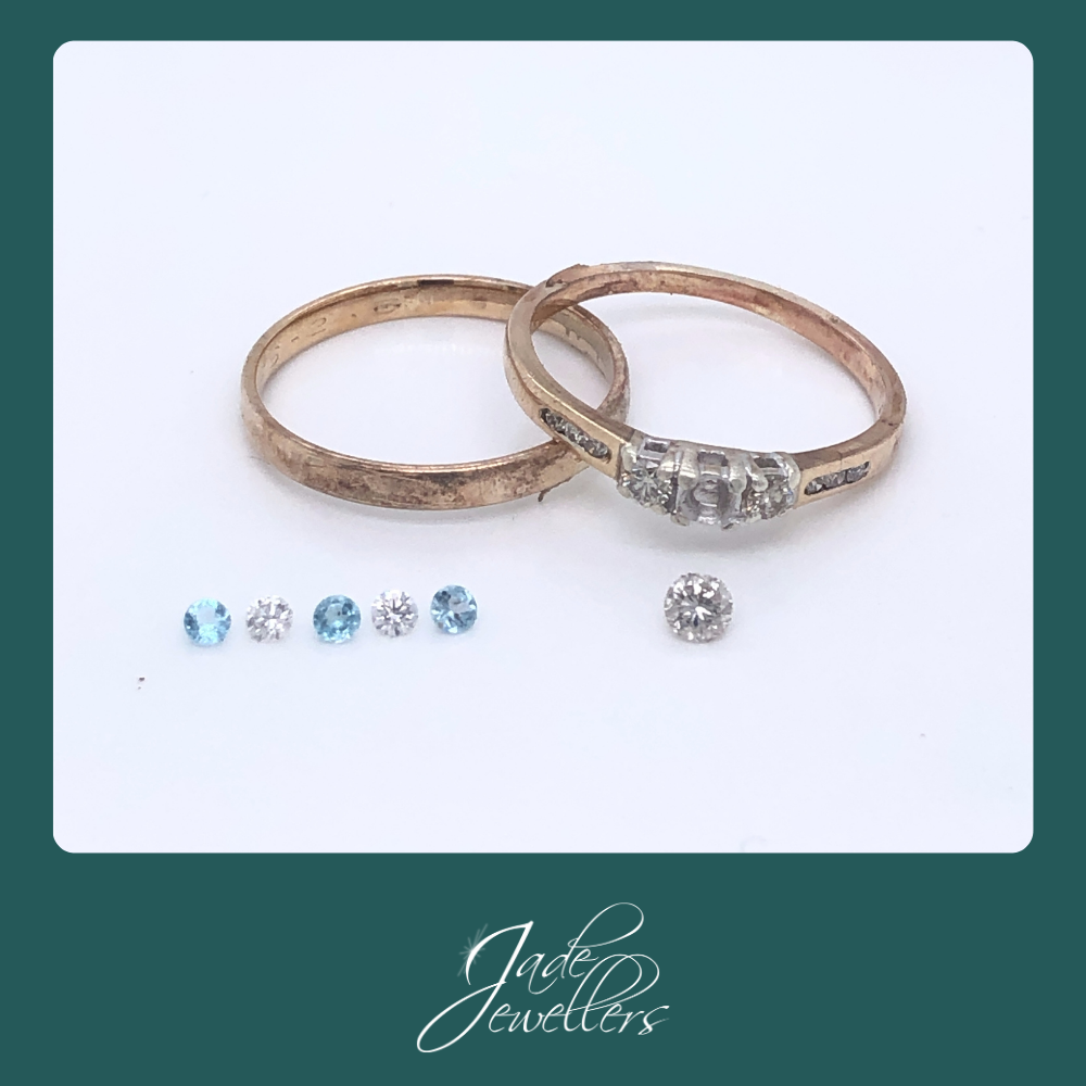 Restored 9ct Yellow Gold Blue Topaz & Diamond Wedding Set