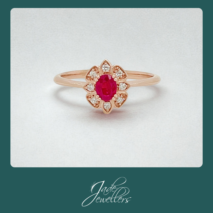 Custom Made 9ct Rose Gold Ruby & Diamond Ring With Hidden "A"