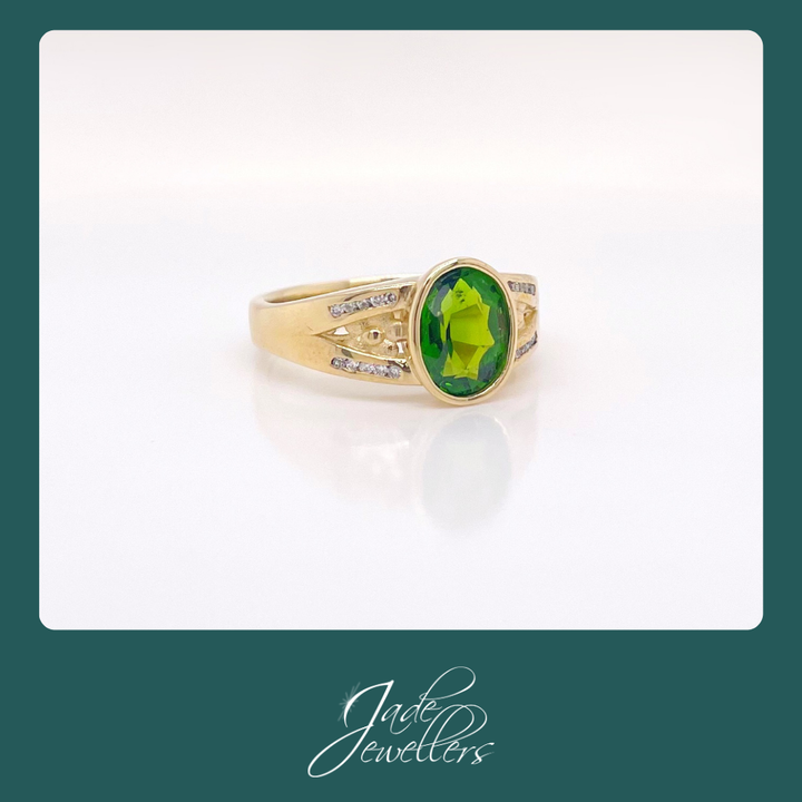 Custom Made 9ct Yellow Gold Green Stone & Diamond Ring