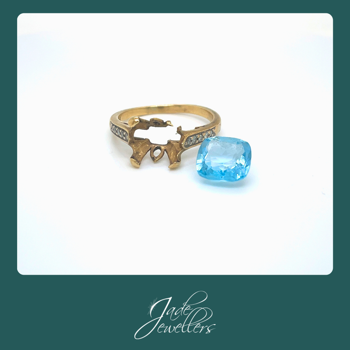 Custom Made 9ct Yellow Gold Blue Topaz & Diamond Ring