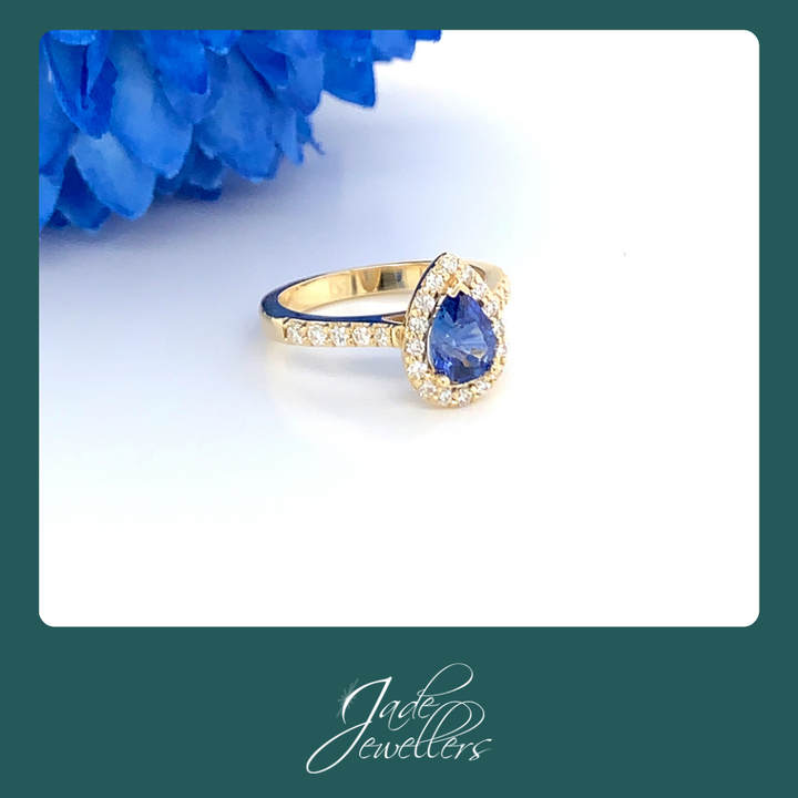 Custom Made 18ct Yellow Gold Sapphire & Diamond Halo Engagement Ring
