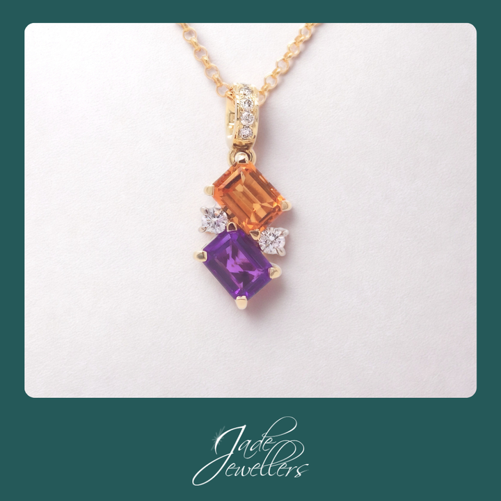 Custom Made 18ct Yellow Gold Amethyst, Citrine & Diamond Pendant