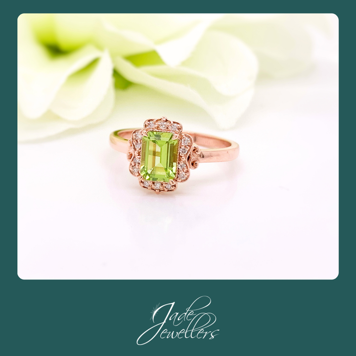Custom Made 9ct Rose Gold Peridot & Diamond Ring