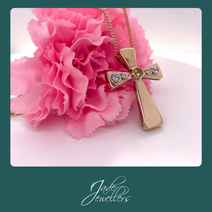 Custom Made 9ct Yellow Gold Multi Stone Cross Pendant
