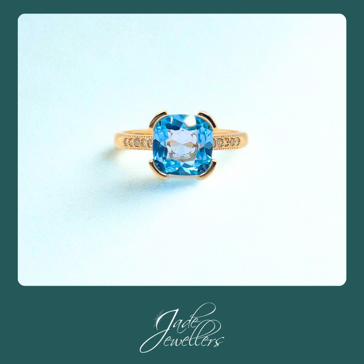 Custom Made 9ct Yellow Gold Blue Topaz & Diamond Ring