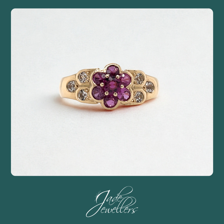 Custom Made 9ct Yellow Gold Red & White Stone Flower Ring