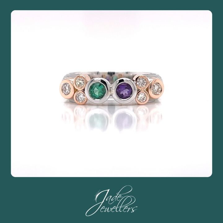 Custom Made 9ct White & Rose Gold Emerald, Amethyst & Diamond Ring
