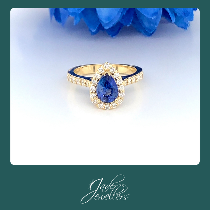 Custom Made 18ct Yellow Gold Sapphire & Diamond Halo Engagement Ring