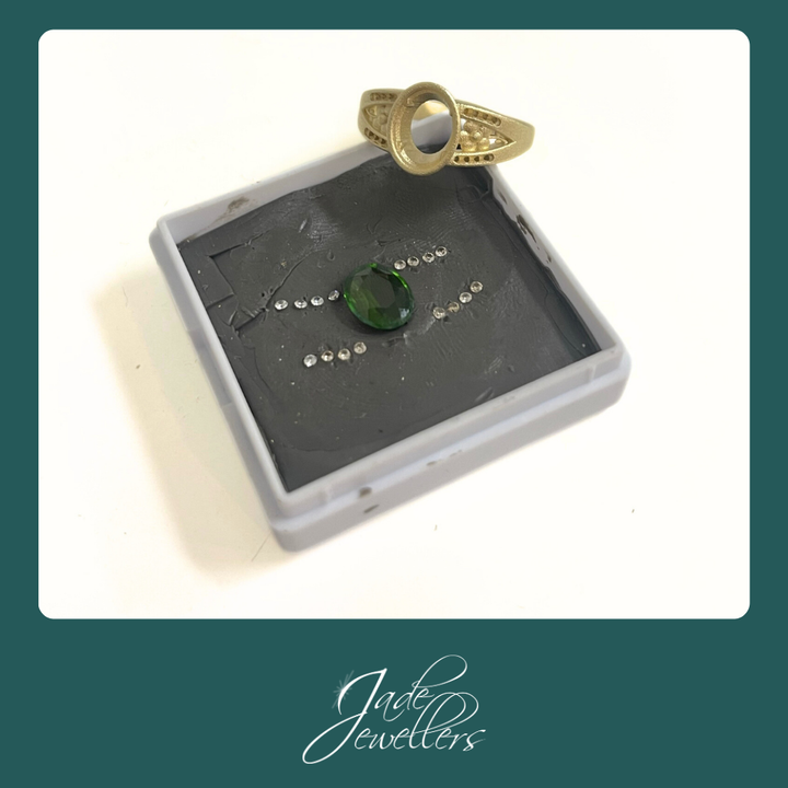 Custom Made 9ct Yellow Gold Green Stone & Diamond Ring