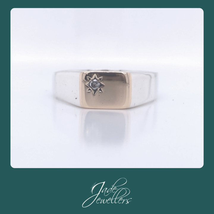 Restored Sterling Silver 9ct Yellow Gold Diamond Signet Ring