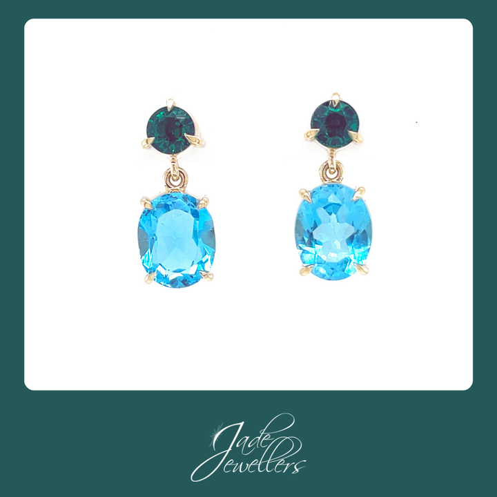 Custom Made 9ct Yellow Gold Blue Topaz & Syn Emerald Earrings