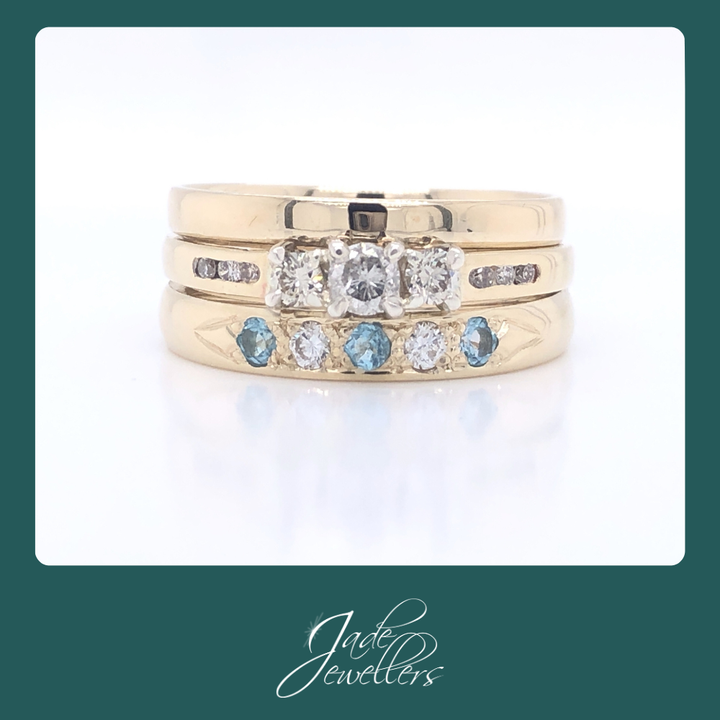 Restored 9ct Yellow Gold Blue Topaz & Diamond Wedding Set