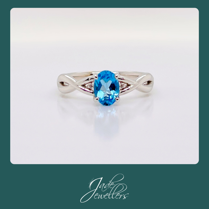 Custom Made 9ct White Gold Blue Topaz & Diamond Ring