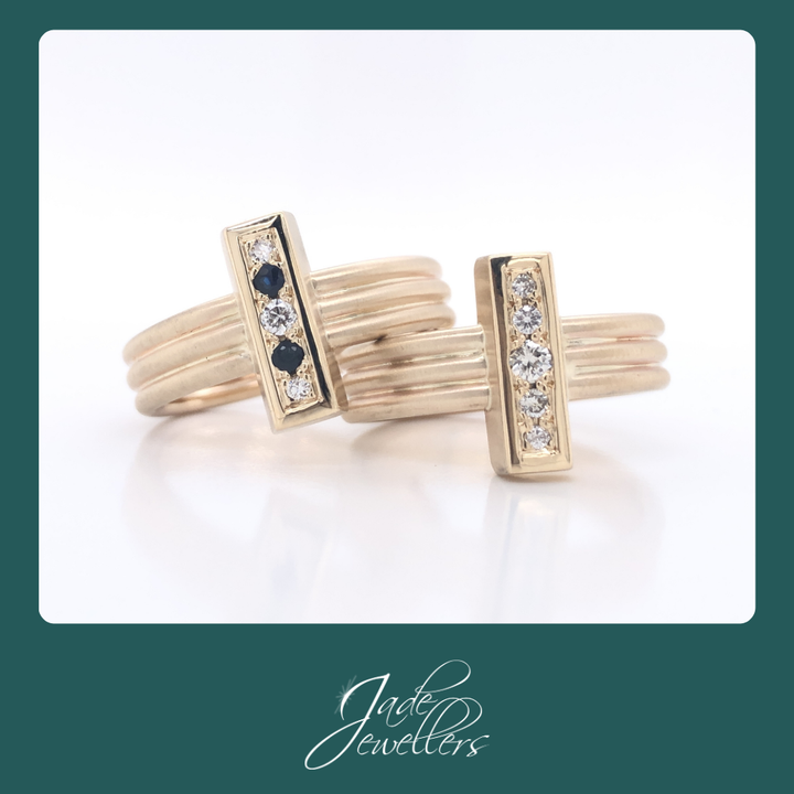 Custom Made 9ct Yellow Gold Sapphire & Diamond Matching Rings