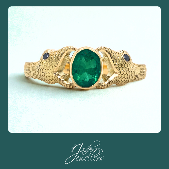Custom Made 9ct Yellow Gold Emerald Snake Ring