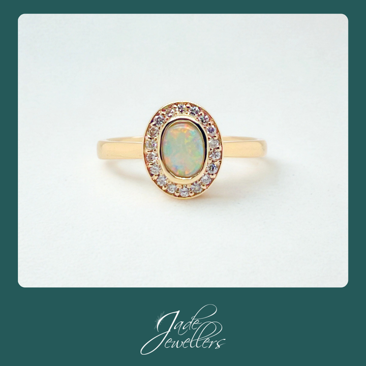 Custom Made 9ct Yellow Gold Opal & Diamond Engagement Ring