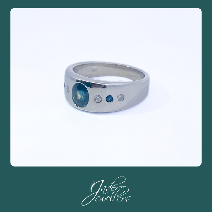 Custom Made 9ct White Gold Sapphire & Diamond Gents Ring