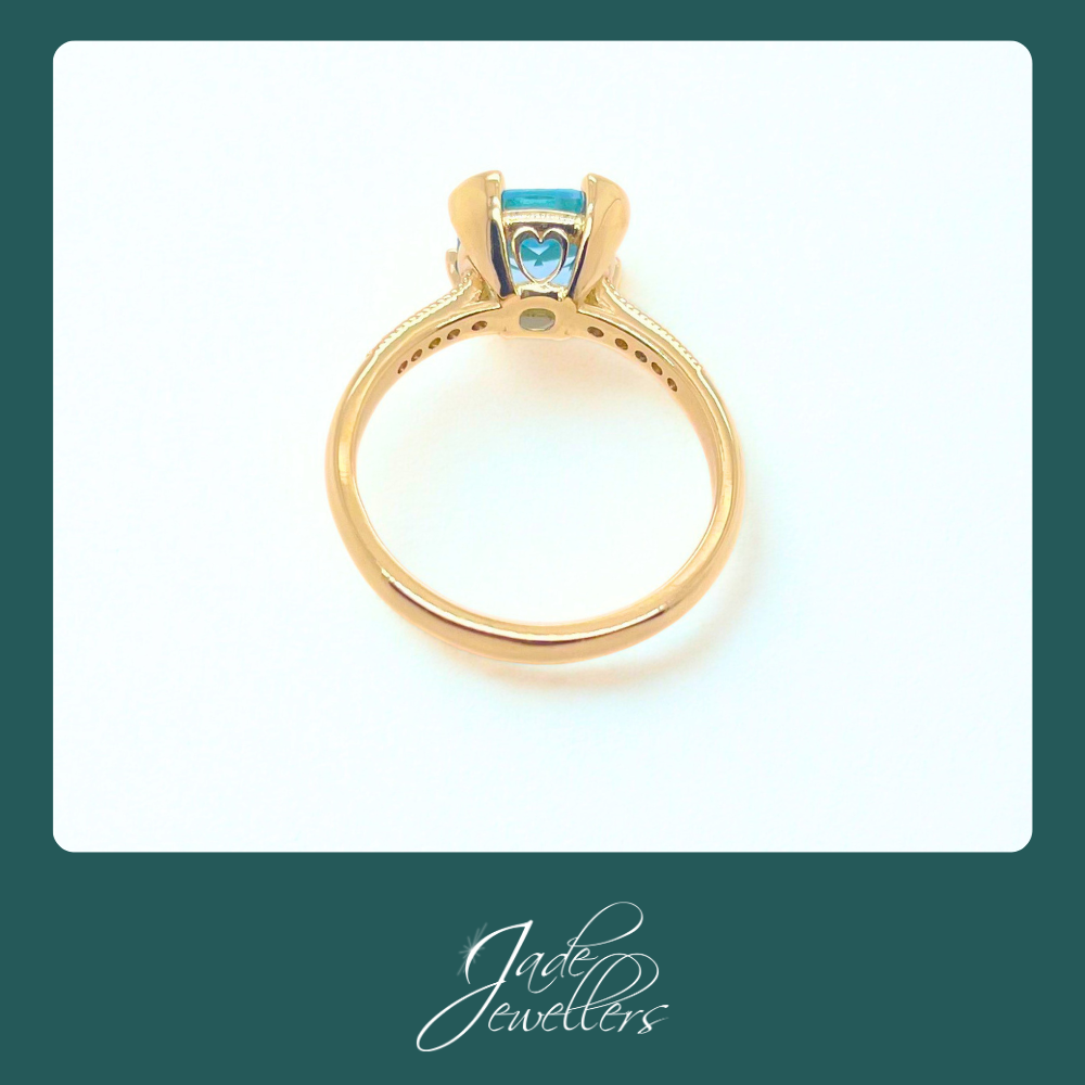 Custom Made 9ct Yellow Gold Blue Topaz & Diamond Ring