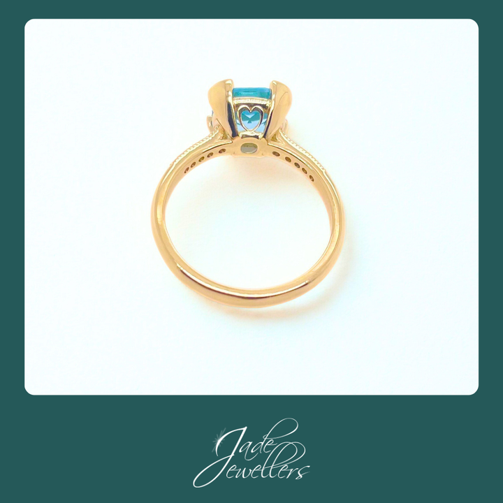 Custom Made 9ct Yellow Gold Blue Topaz & Diamond Ring