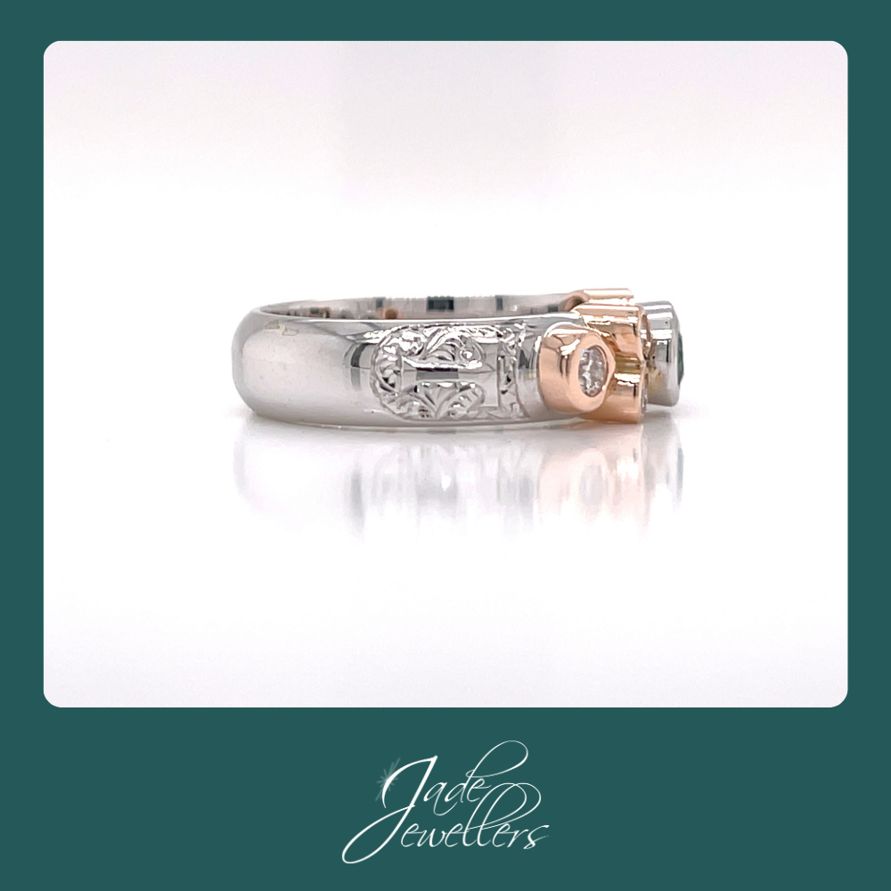 Custom Made 9ct White & Rose Gold Emerald, Amethyst & Diamond Ring