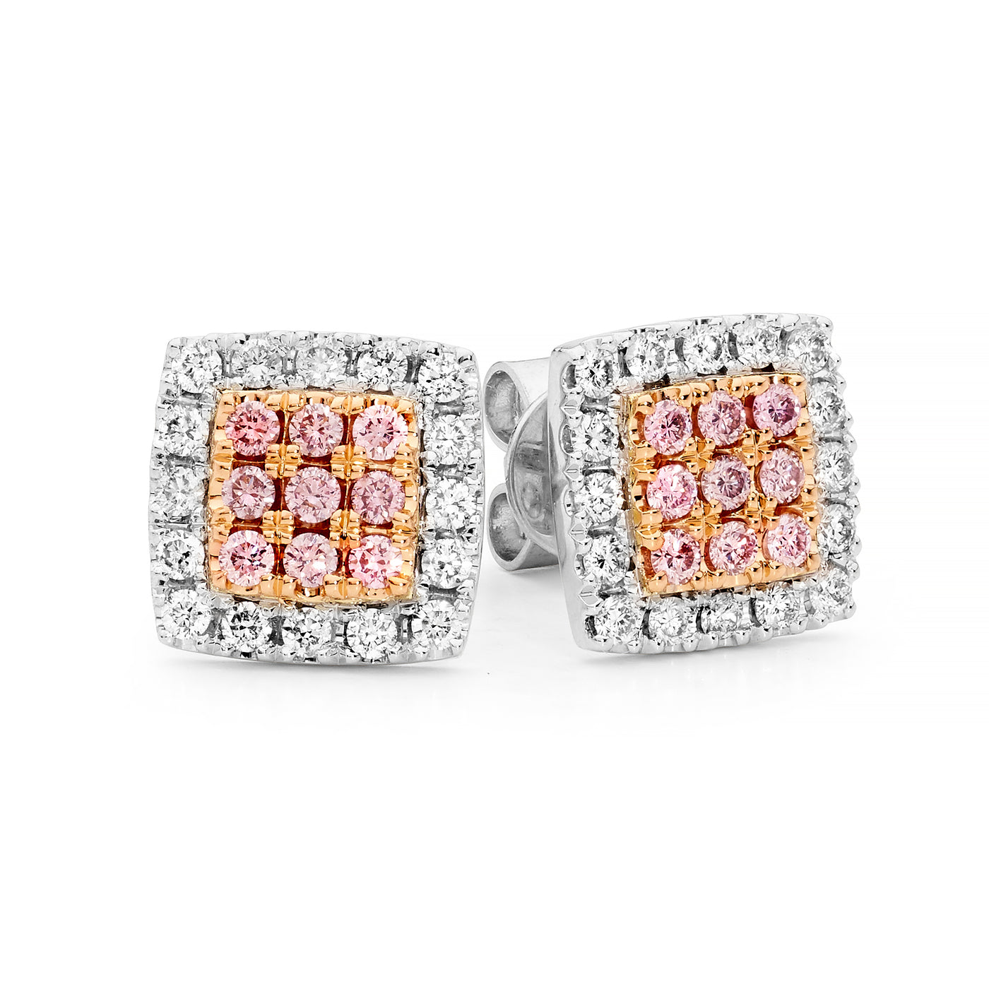 18ct White & Rose Gold Square Cluster Diamond Stud Earrings
