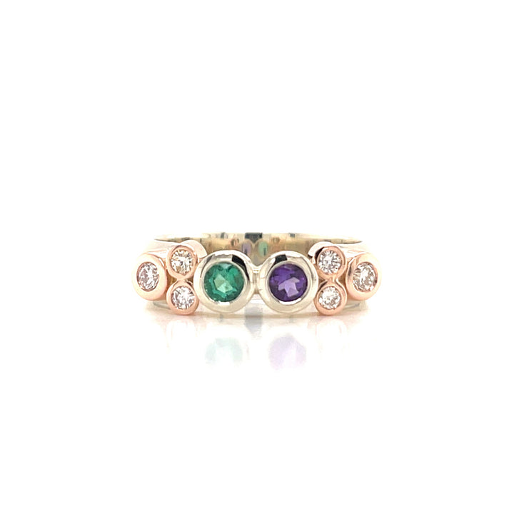 Custom Made 9ct White & Rose Gold Emerald, Amethyst & Diamond Ring