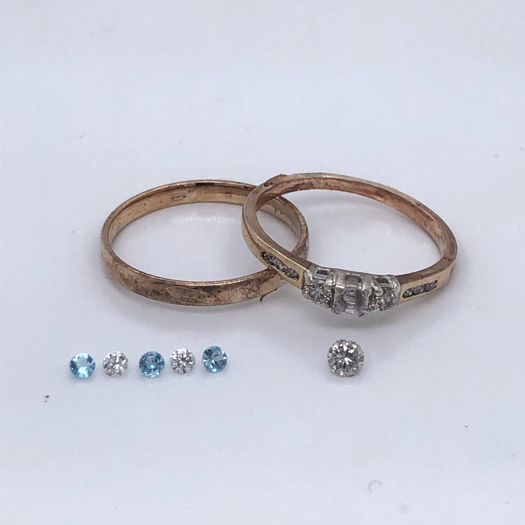 Restored 9ct Yellow Gold Blue Topaz & Diamond Wedding Set