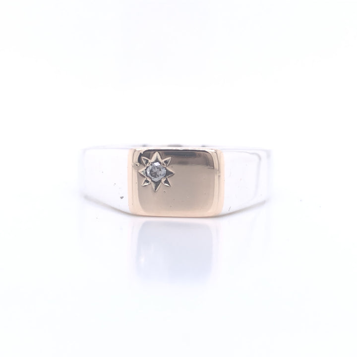 Restored Sterling Silver 9ct Yellow Gold Diamond Signet Ring