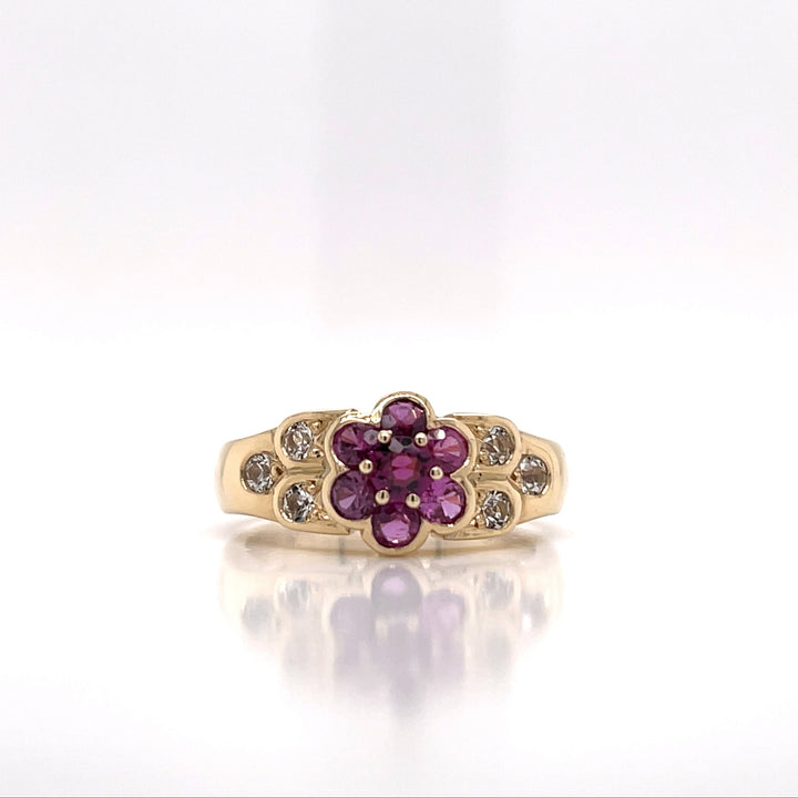 Custom Made 9ct Yellow Gold Red & White Stone Flower Ring