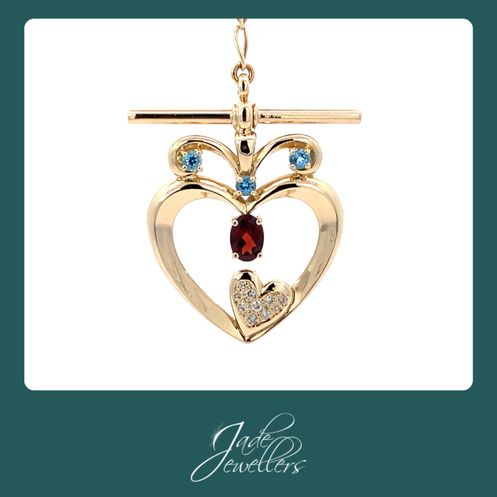 Custom Made 9ct Yellow Gold Garnet, Blue Topaz & Diamond Pendant