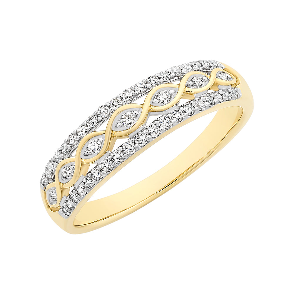 9ct Yellow Gold Diamond Triple Row Crossover Ring