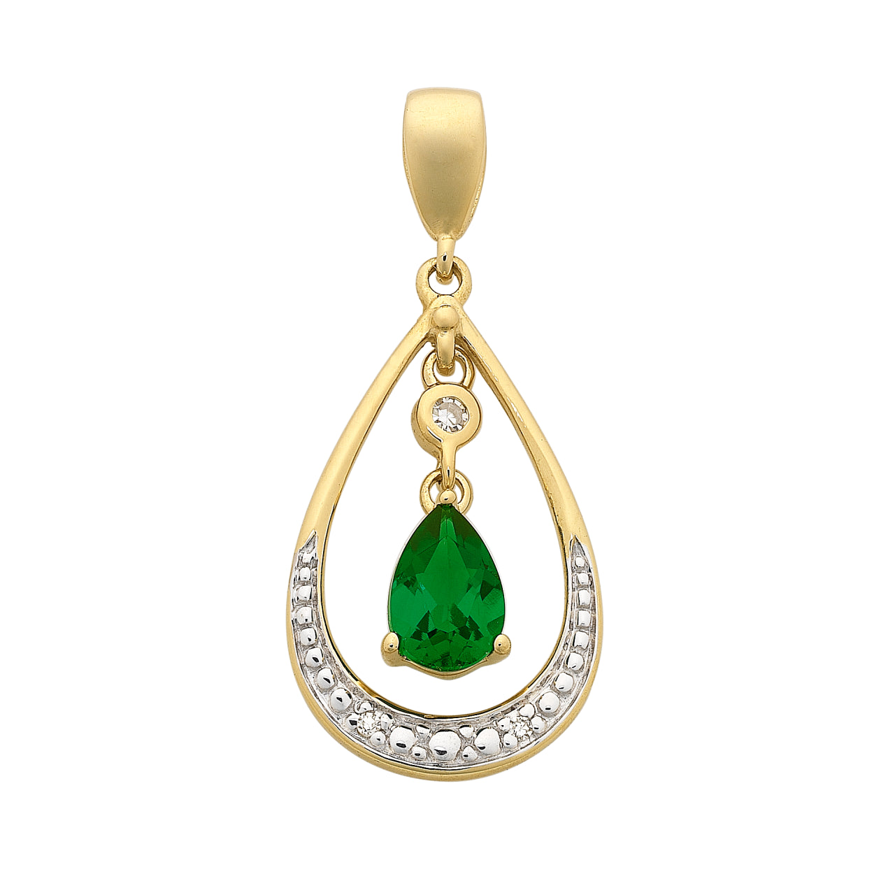 9ct Yellow Gold Created Emerald & Diamond Teardrop Pendant