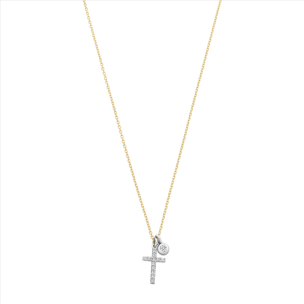 9ct White Gold Cubic Zirconia Cross & Solitaire Pendants on 9ct Yellow Gold Chain