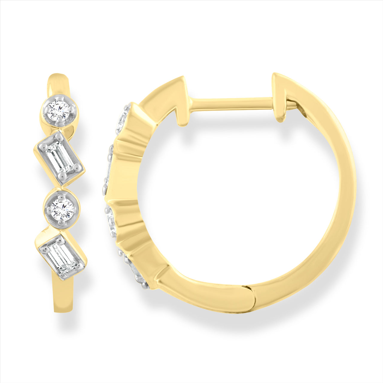 9ct Yellow Gold Baguette & Round Diamond Huggie Earrings