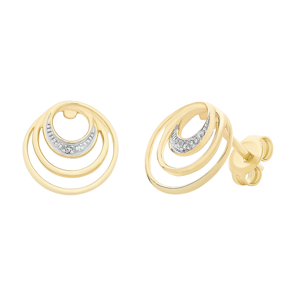 9ct Yellow Gold Diamond Triple Circle Stud Earrings