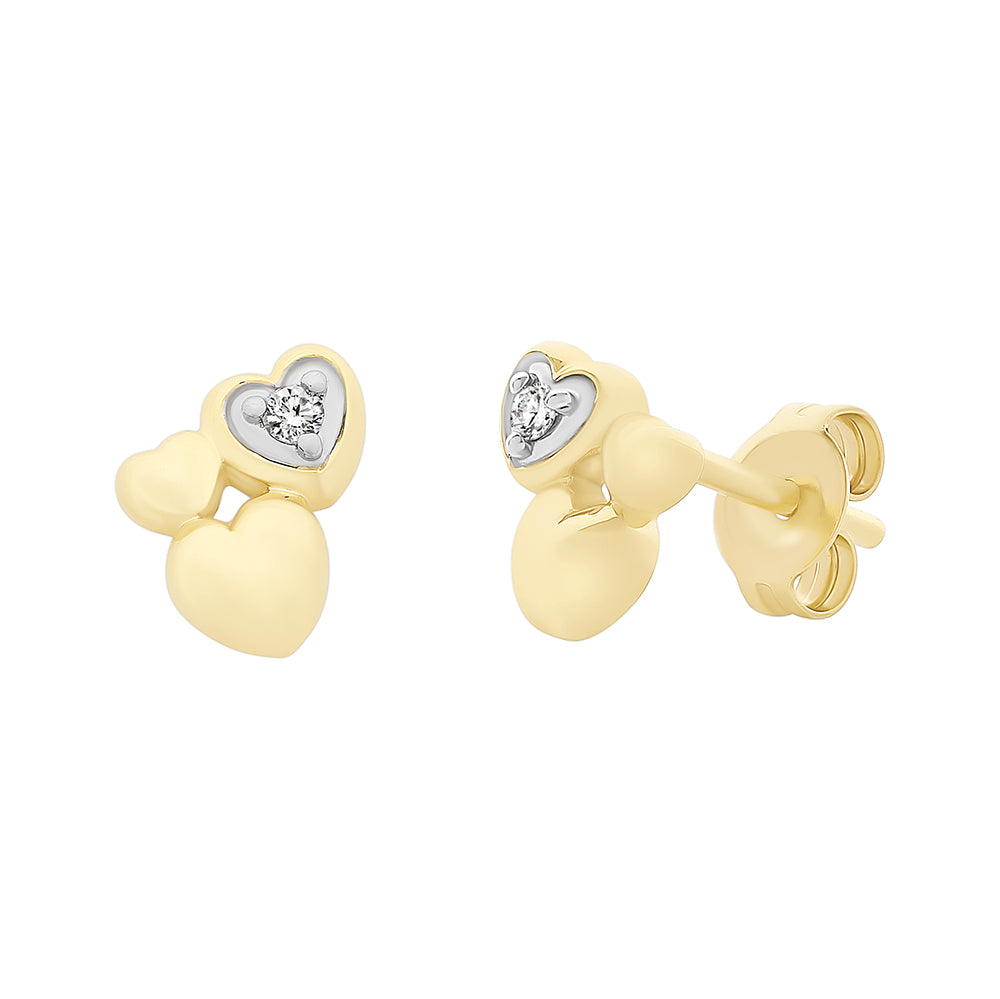 9ct Yellow Gold Diamond Heart Stud Earrings