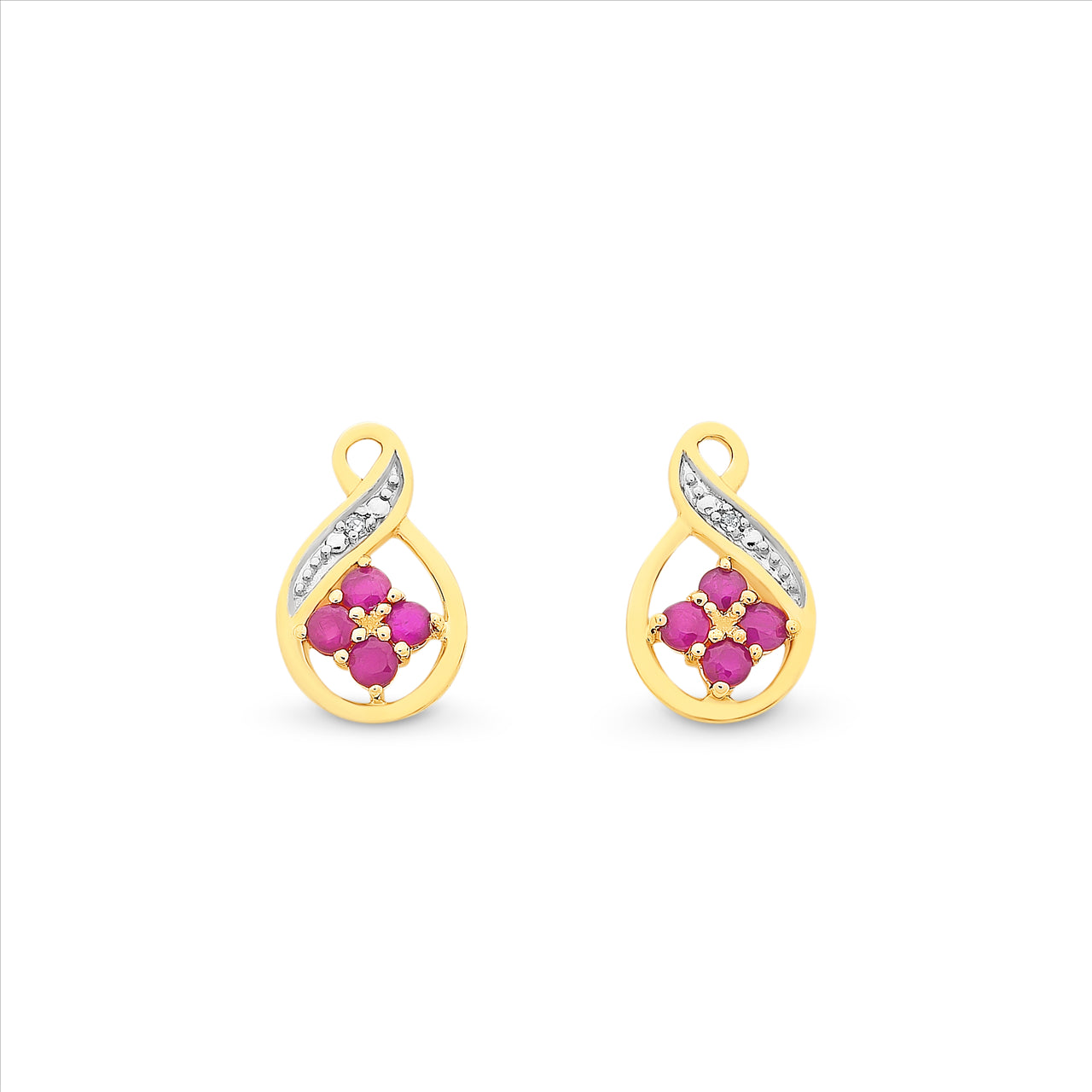 9ct Yellow Gold Natural Ruby & Diamond Flower Twist Stud Earrings