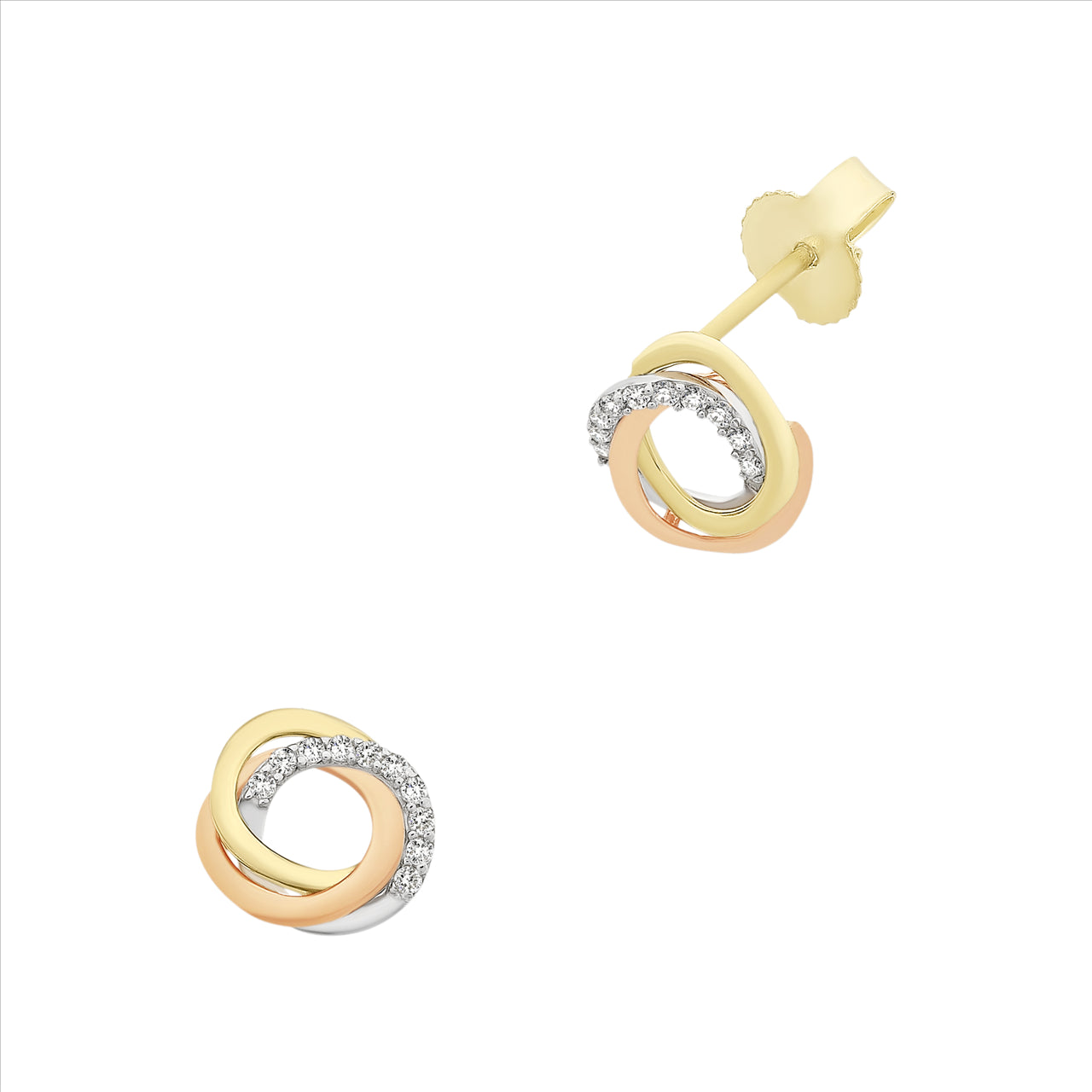 9ct Yellow Gold, White Gold & Rose Gold Cubic Zirconia Interlocked Circle Stud Earrings